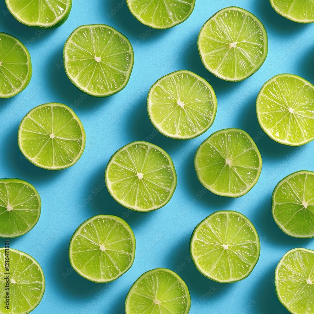 Fototapeta premium Limes, sliced, blue background, overhead shot, food photography