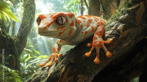 A vibrant gecko perched on a textured tree trunk, surrounded by lush green foliage.