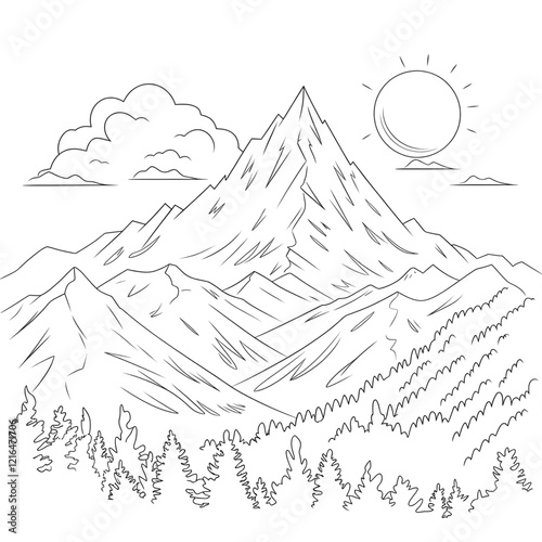 a line art illustration mountain and nature coloring page 