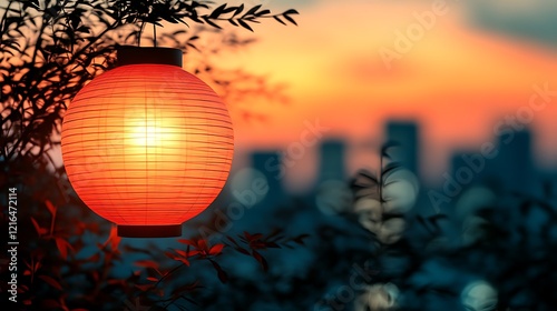 Illuminated Paper Lantern Hanging Against Sunset Cityscape