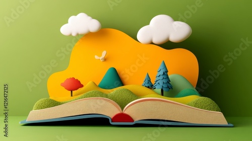 Colorful Pop-Up Book with Mountains, Trees, and Clouds in Nature Scene