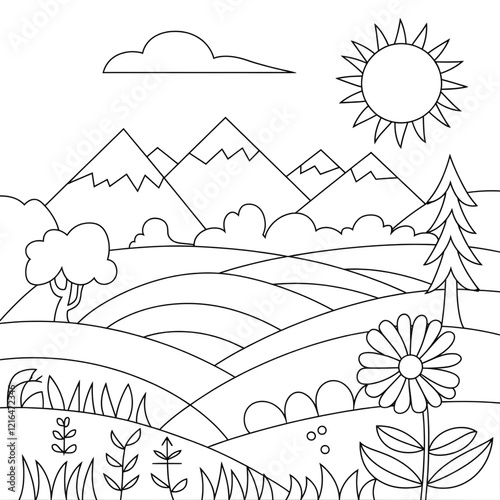a line art illustration mountain and nature coloring page 