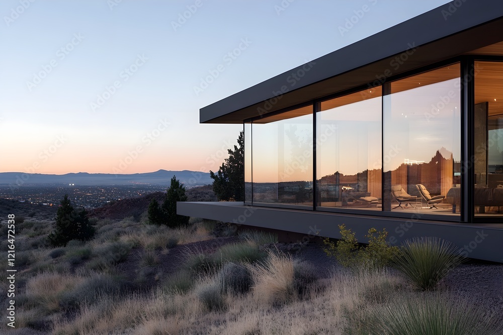 Modern architecture building house with big windows and hills view Modern architecture building house with big windows and hills view