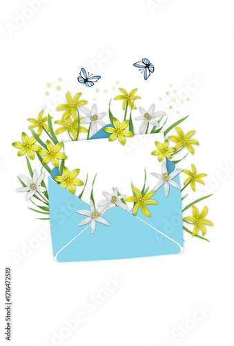 Blue envelope with yellow and white The Stars of Bethlehem flowers and flying buttrefly on white background .Spring ,birthday, Mother's day greeting concept .free copy space.