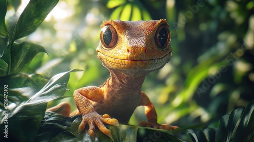 A vibrant gecko perched on a textured tree trunk, surrounded by lush green foliage.