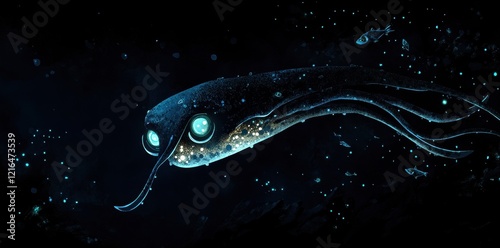 Bioluminescent Creature Swims Through Deep Ocean photo