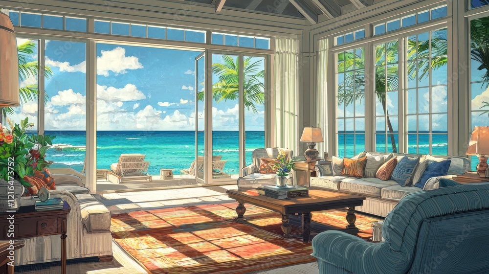 Fototapeta premium Oceanfront Living Room: Tropical Paradise Escape