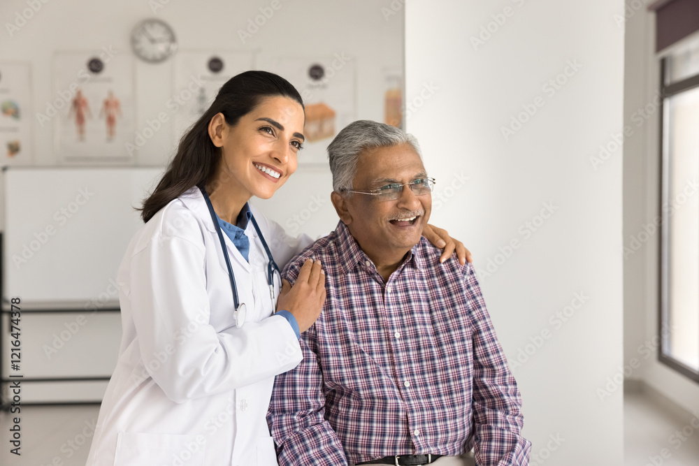 Fototapeta premium Compassion helps recovery. Kind supportive young female doctor nurse hug shoulders of senior male oap look aside together with happy patient dream about healthy future feel bonding visualize wellbeing