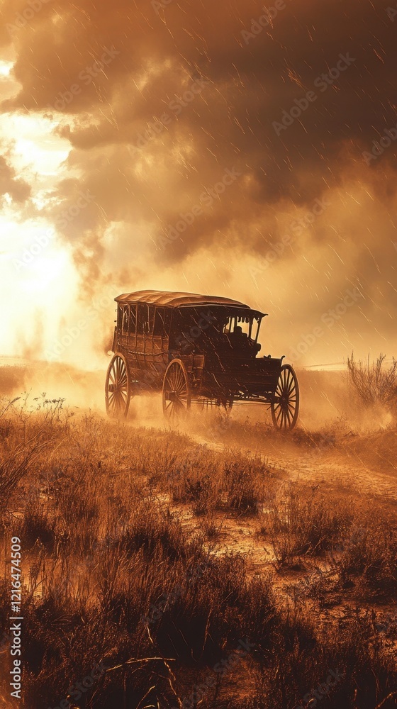 Fototapeta premium Stagecoach Journey Through Dusty Plains Under Stormy Skies