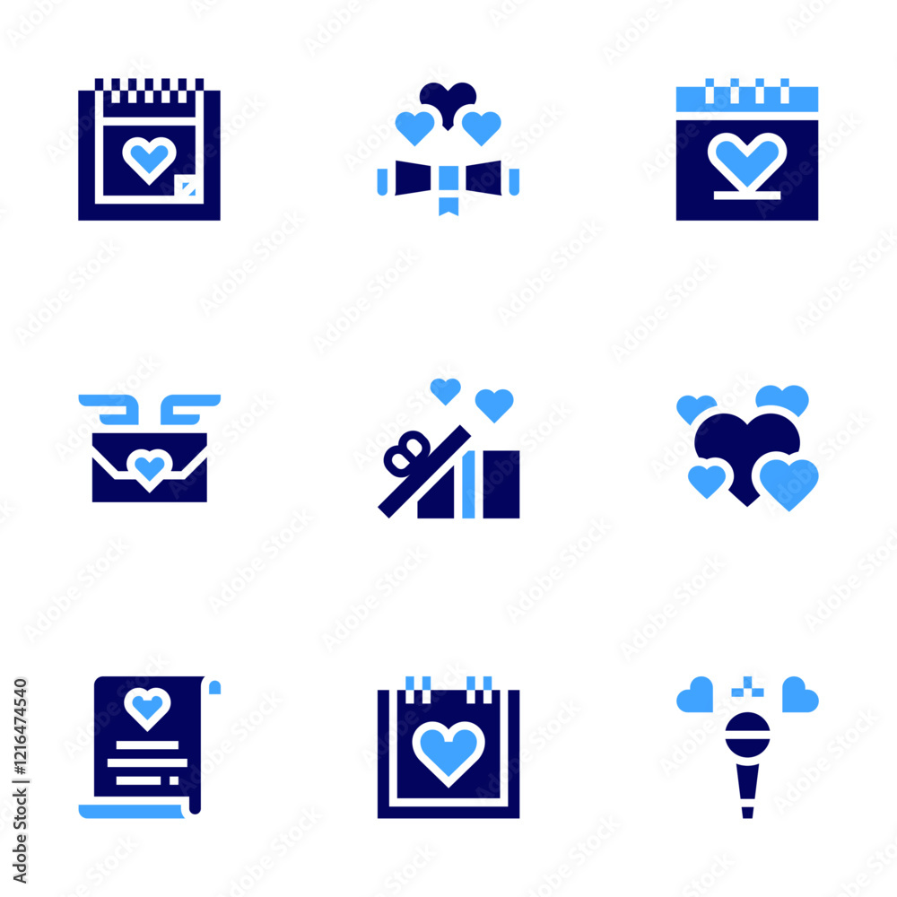 Valentine's Day icon set. Bold style. Duotone colors. heart, microphone, valentines day, present, love message, letter, love letter Valentine's Day icon set. Bold style. Duotone colors. heart, microphone, valentines day, present, love message, letter, love letter