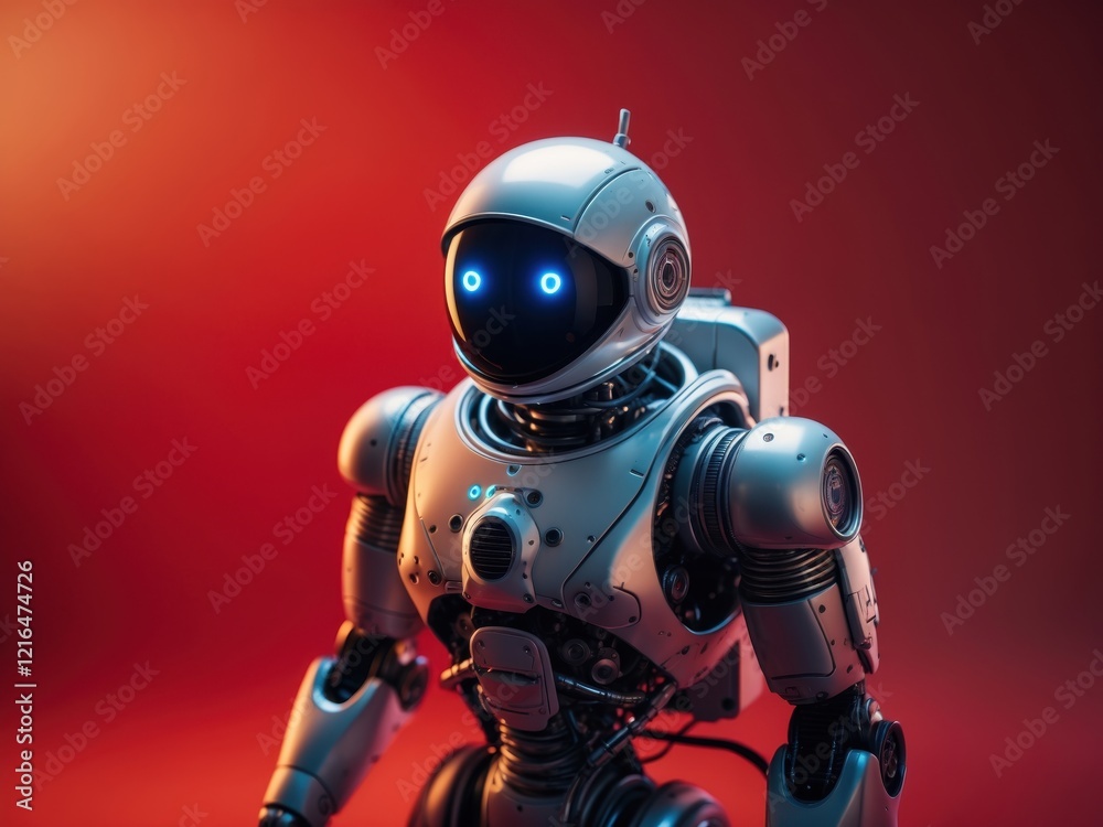 A futuristic robot with glowing blue eyes stands against a vibrant red background, showcasing advanced design and technology. A futuristic robot with glowing blue eyes stands against a vibrant red background, showcasing advanced design and technology.