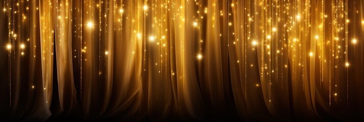 banner luxury golden shimmering curtain on stage of theater or cinema with drapes, stylish empty scene backdrop