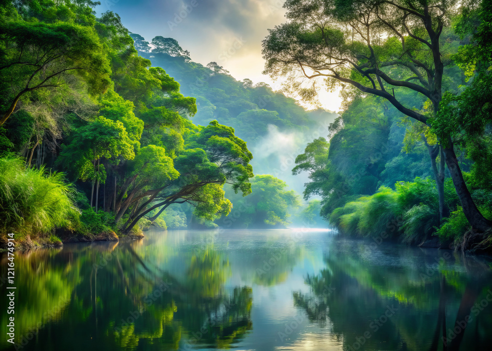 tranquil river flows through lush green rainforest, reflecting vibrant foliage and soft morning light. serene atmosphere invites peace and contemplation tranquil river flows through lush green rainforest, reflecting vibrant foliage and soft morning light. serene atmosphere invites peace and contemplation