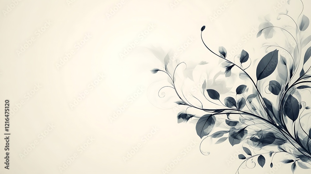 Elegant grayscale floral design with flowing leaves and stems Elegant grayscale floral design with flowing leaves and stems