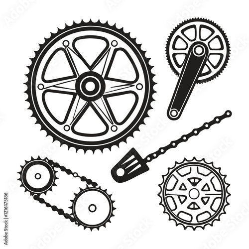 Gear simple black and white icons set. Bicycle sprocket mechanical cogwheels chainrings technology items. Black and white simple flat style. Isolated vector clipart collection on white backgroun