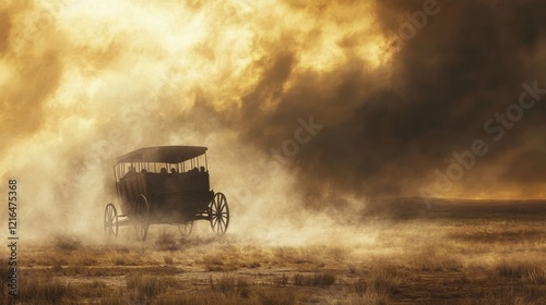 Stagecoach Journey Through Dusty Plains Under Stormy Skies