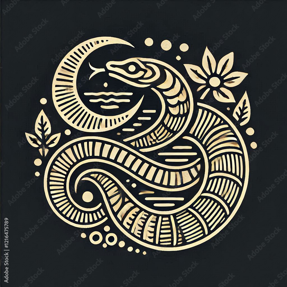 Obraz premium illustration, picture, sketch, shio, a snake in a symbol or emblem of the year in black and white