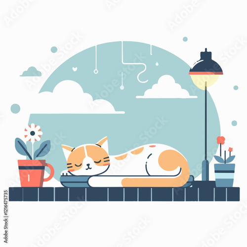 Cat Nap on Balcony:  A cute orange tabby cat takes a peaceful nap on a balcony, surrounded by potted plants, a whimsical lamppost, and fluffy white clouds.