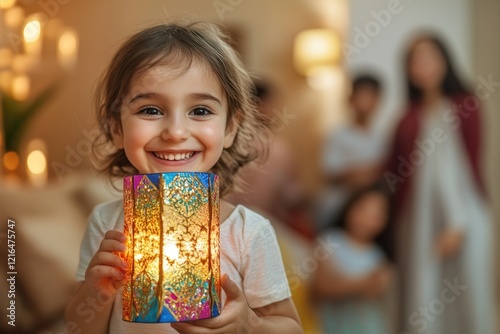 Smiling child holds colorful lantern, symbolizing joy of Ramadan photo