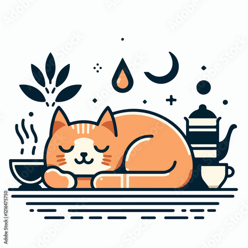 Peaceful Orange Cat Nap: An adorable orange tabby cat rests peacefully amidst a whimsical scene of a steaming cup, teapot, moon, and plant, creating a calming and cozy atmosphere.