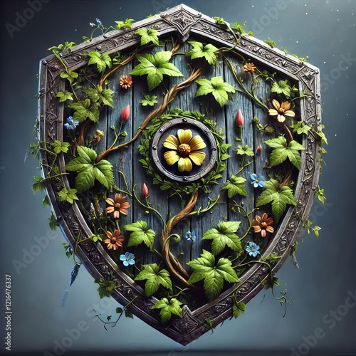 Vine Shield A shield overgrown with vines and flowers symbolizin photo