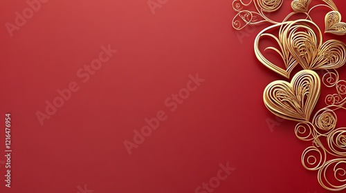 Golden Hearts and Swirls on Red Background