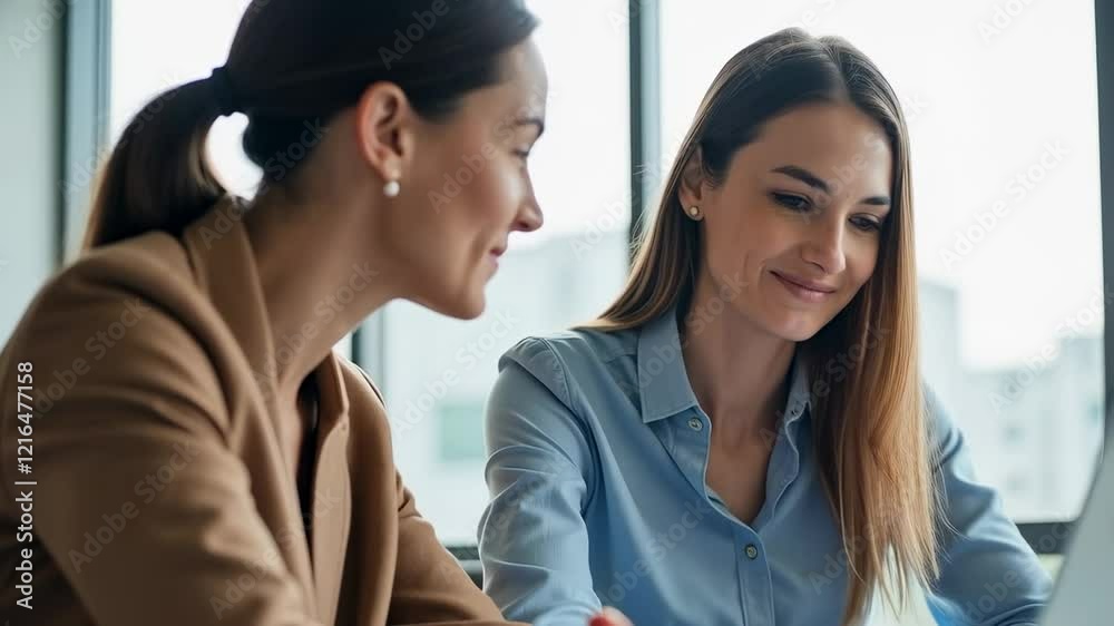 Professional Women Collaborating in a Bright Office Environment: Smiling Colleagues Engaged in Productive Discussion with Laptops