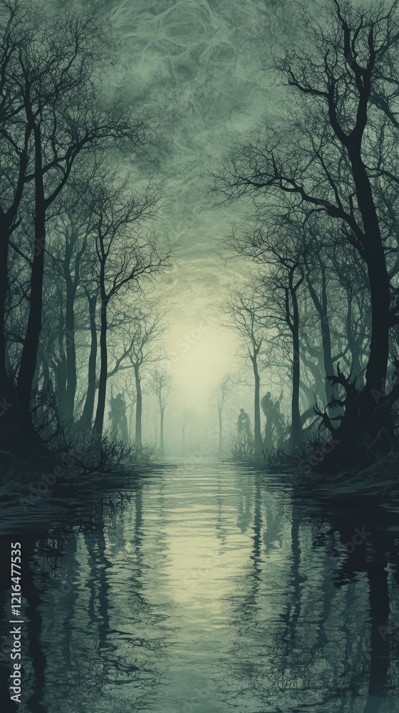 Mysterious Figures Walk Through A Foggy Forest Path Mysterious Figures Walk Through A Foggy Forest Path