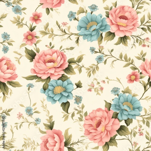 Wallpaper Mural Floral pattern featuring pink and blue flowers on a cream background, ideal for home decor and craft projects Torontodigital.ca