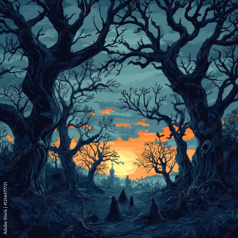 Figures walk towards a sunset beyond ancient trees Figures walk towards a sunset beyond ancient trees