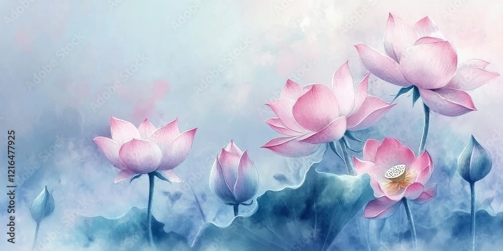 Obraz premium art of pink lotus flowers and leaves background