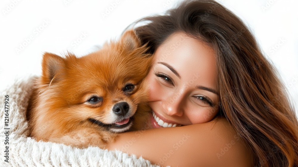 Smiling Woman Embracing Cute Pomeranian Dog Smiling Woman Embracing Cute Pomeranian Dog
