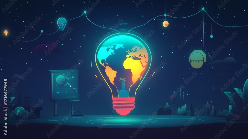72.A creative flat design template showcasing an illuminated lightbulb fading into darkness, revealing the world map inside, with cheerful cartoon elements and time-to-turn-off reminders. 72.A creative flat design template showcasing an illuminated lightbulb fading into darkness, revealing the world map inside, with cheerful cartoon elements and time-to-turn-off reminders.