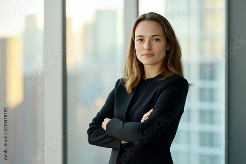 Young businesswoman standing with arms crossed in modern office with city view with copy space Free Download Young businesswoman standing with arms crossed in modern office with city view with copy space - GFXLoad