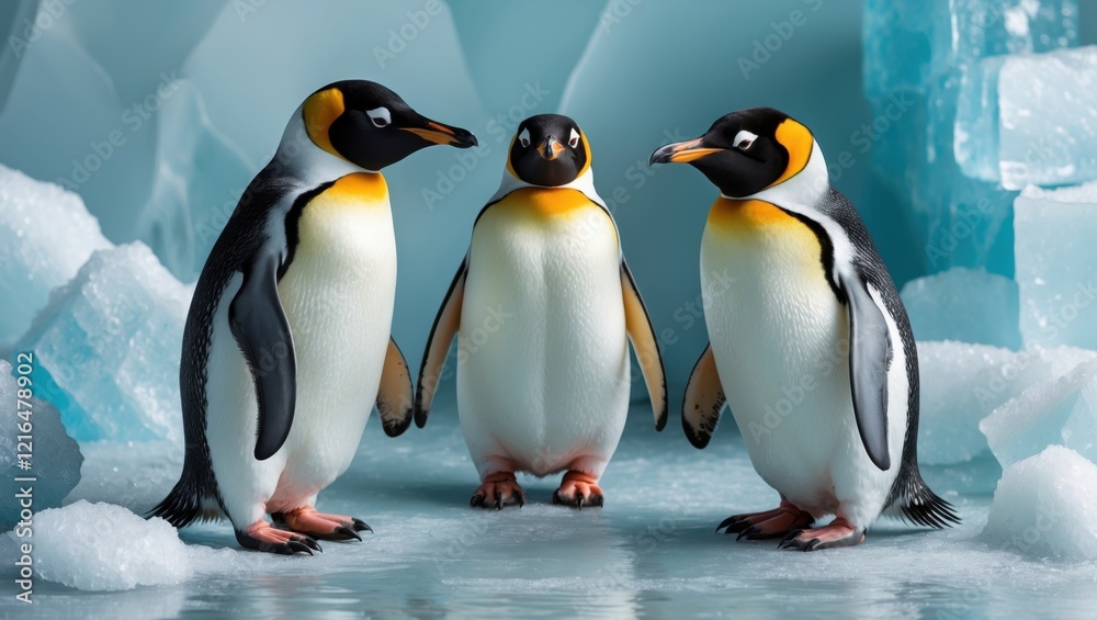 Fototapeta premium Three penguins stand together on icy terrain, showcasing their striking black and white plumage against a cool, icy backdrop.