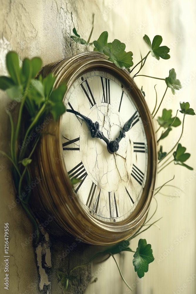 Fototapeta premium Old clock showing passing of time with plants growing around it