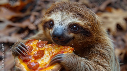 Cute handsome sloth eating pizza photo