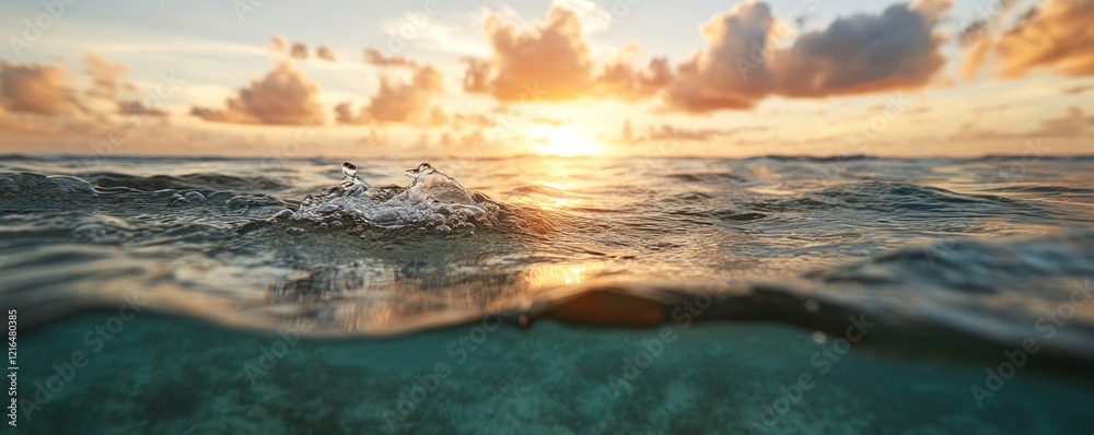 Naklejka premium Consumption and Restoration concept, Sunset over the ocean with waves gently splashing at the shore.
