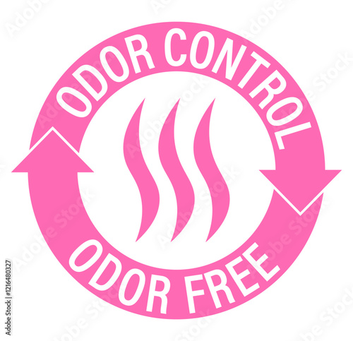 Odor control, odor free. Pink information label sign with symbol and circle text.