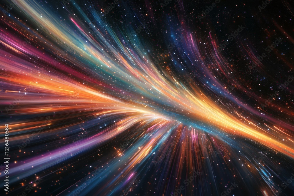 Naklejka premium Vibrant lines of light travel through a cosmic landscape in a stunning display of color and depth