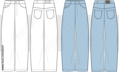 Unisex Baggy jeans, Boyfriend Jeans, Mom-fit Jeans, Denim Pants Front and Back View. Fashion Flat Sketch Vector illustration, CAD, Technical Drawing, Flat Drawing, Template, Mockup.