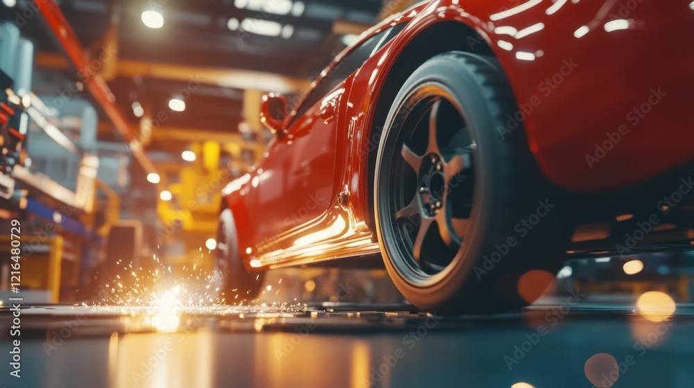 A shot of a robotic arm installing wheels onto car chassis in an automobile manufacturing factory