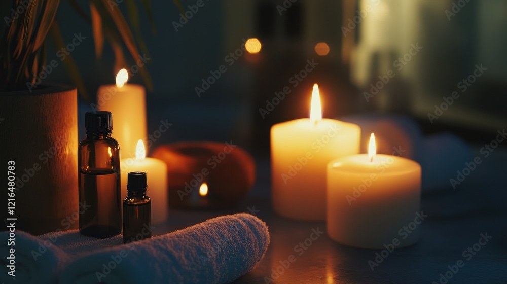 Artistic photo of a tranquil spa setting with candles and essential oils. Soft ambient light creating a calming atmosphere. Emphasizing relaxation and self-care. Perfect for spa and wellness content. Artistic photo of a tranquil spa setting with candles and essential oils. Soft ambient light creating a calming atmosphere. Emphasizing relaxation and self-care. Perfect for spa and wellness content.