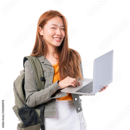 Portrait of a beautiful young Asian woman studying  with laptop computer and notebook isolated on a transparent background - studying online e-learning system concept