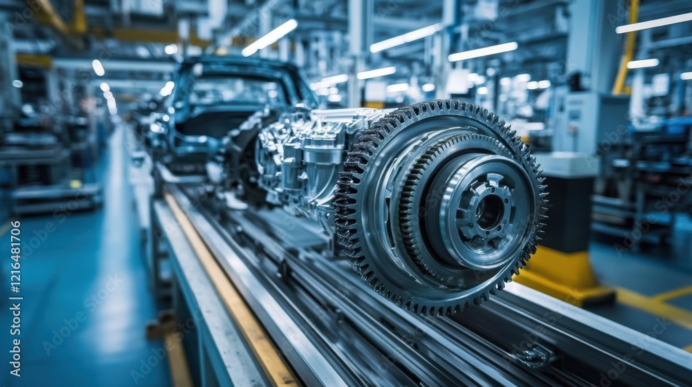 Close-up of gears and mechanical components moving on the production line inside a high-tech automobile manufacturing plant Close-up of gears and mechanical components moving on the production line inside a high-tech automobile manufacturing plant