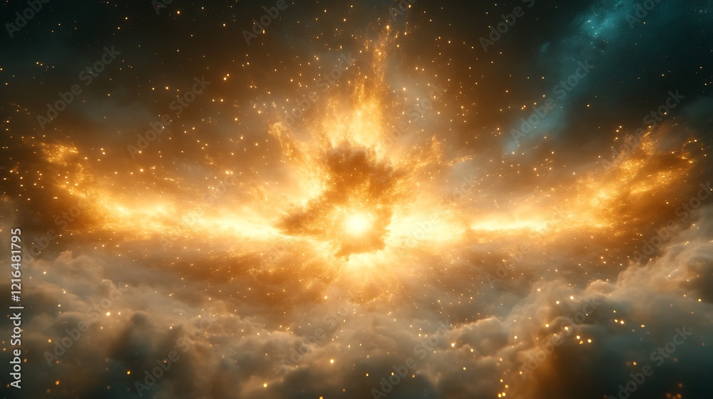 Fototapeta premium Celestial Golden Explosion Amidst Dark Clouds and Stars