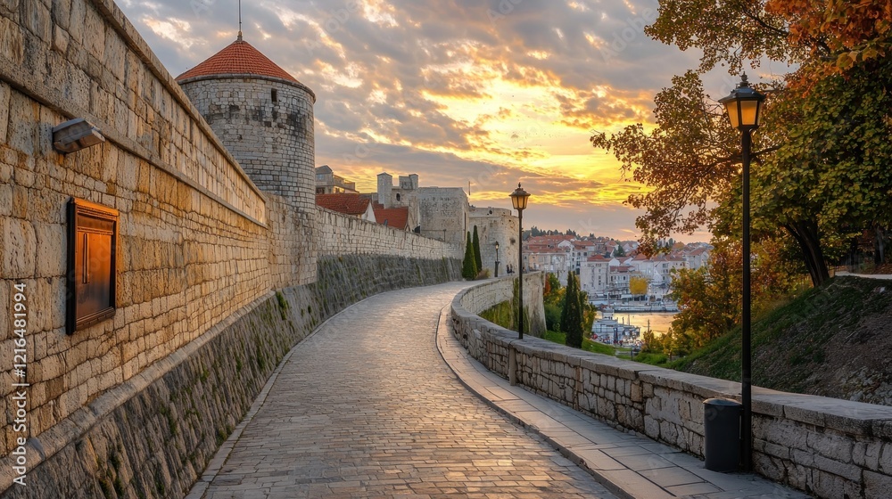 Sunset stroll, medieval walls, harbor view, autumn Sunset stroll, medieval walls, harbor view, autumn