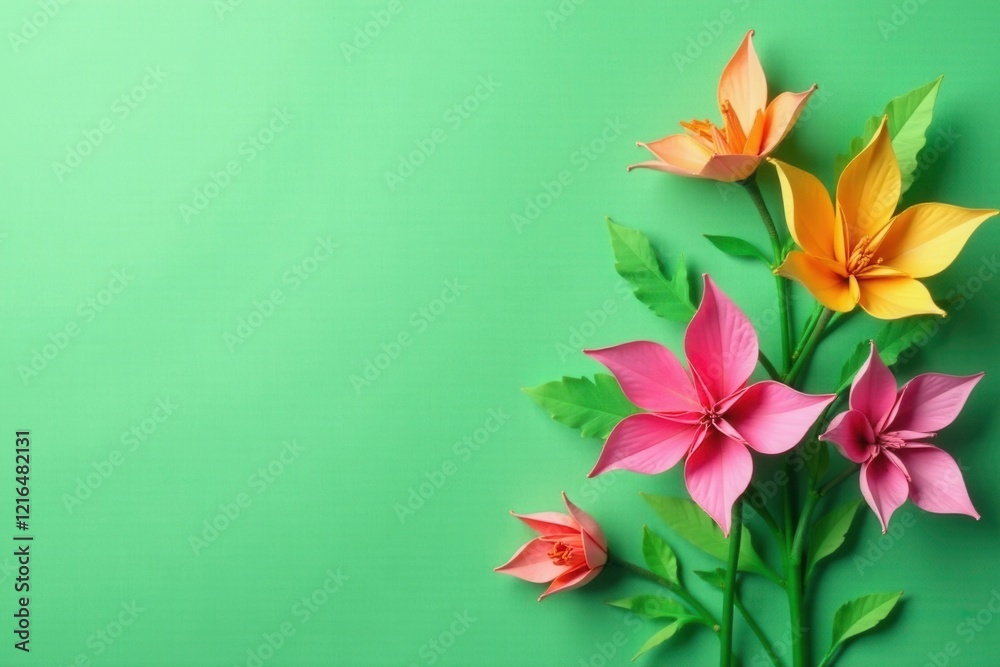 Obraz premium Delicate origami flowers on green paper background, petals, leaf, flower