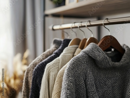 Hanging Sweater Collection Against Wooden Background photo