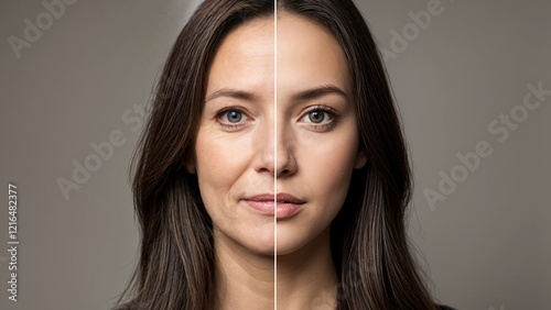 Age comparison concept. Same face portrait young and aged. Face split of an old and young women for olding revealing. Comparing mother and daughter. 